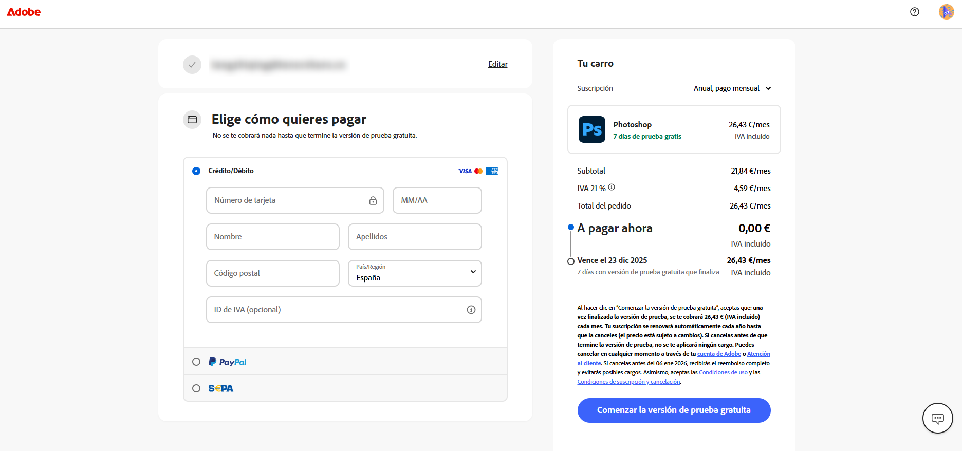 proporcionar el metodo de pago photoshop