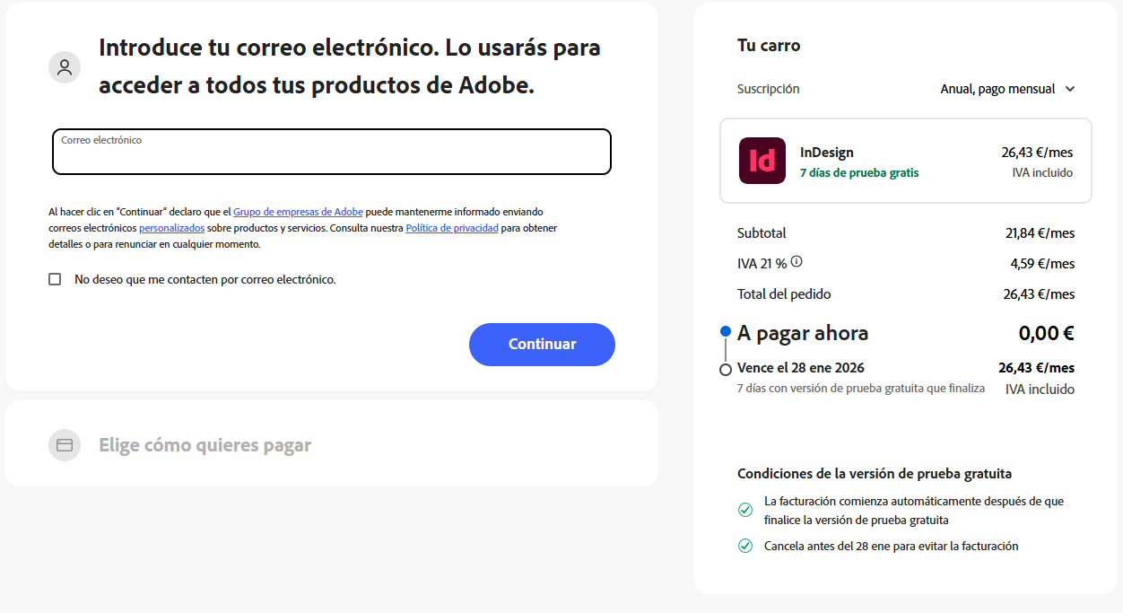 haz clic en prueba gratis de adobe indesign