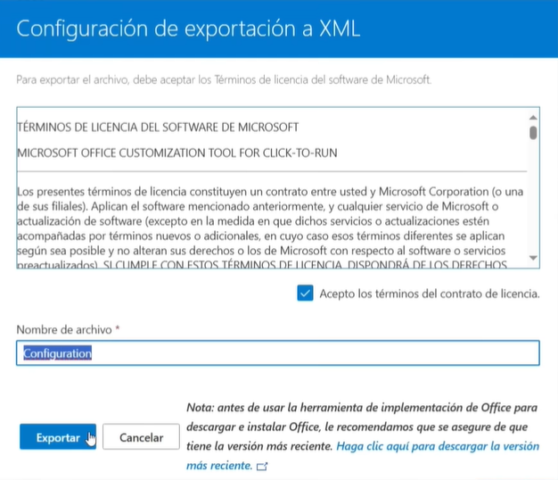 exportar archivo de instalación configuration.xml