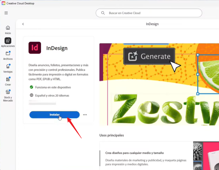 instalar adobe indesign en creative cloud