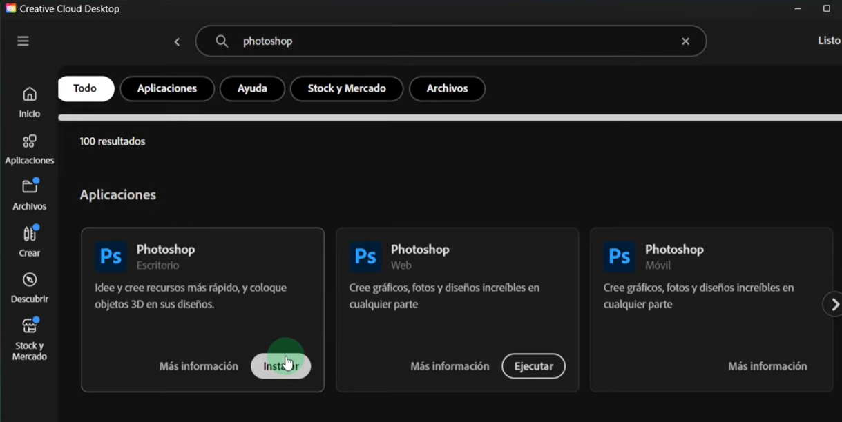 instalar photoshop en creative cloud desktop