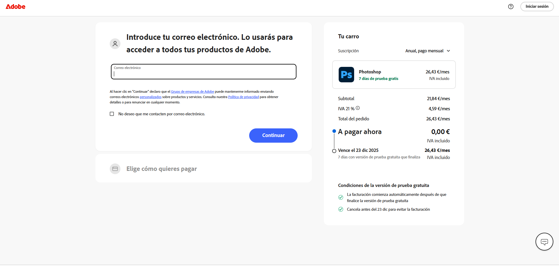 iniciar sesion photoshop