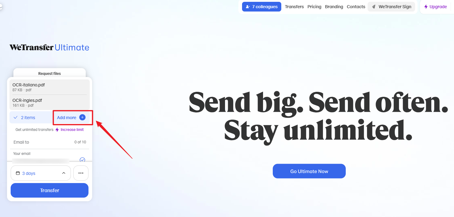 Sube tus archivos o carpetas a WeTransfer