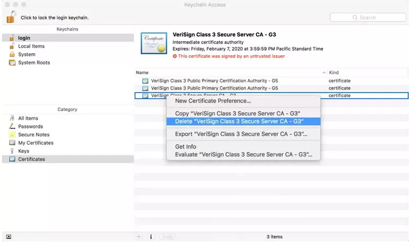 eliminar certificados de verisign