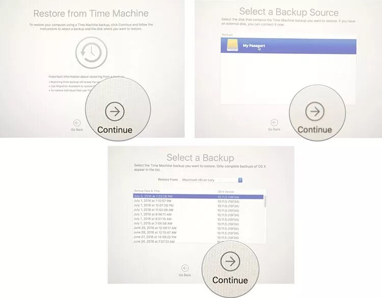 restaurar desde time machine backup continuar