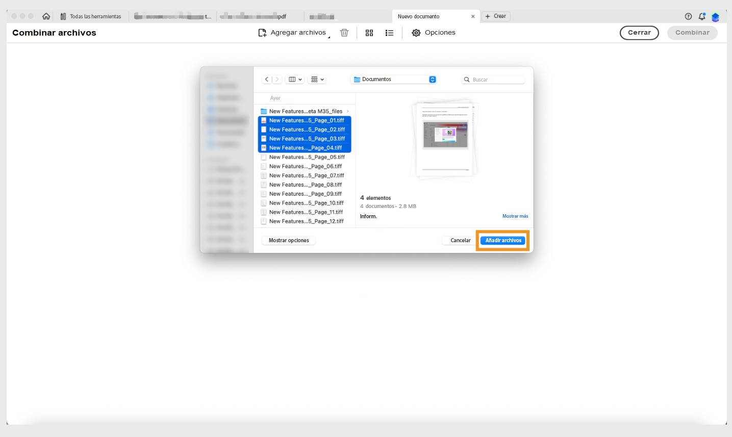 agrega archivos para combinar pdfs en adobe acrobat
