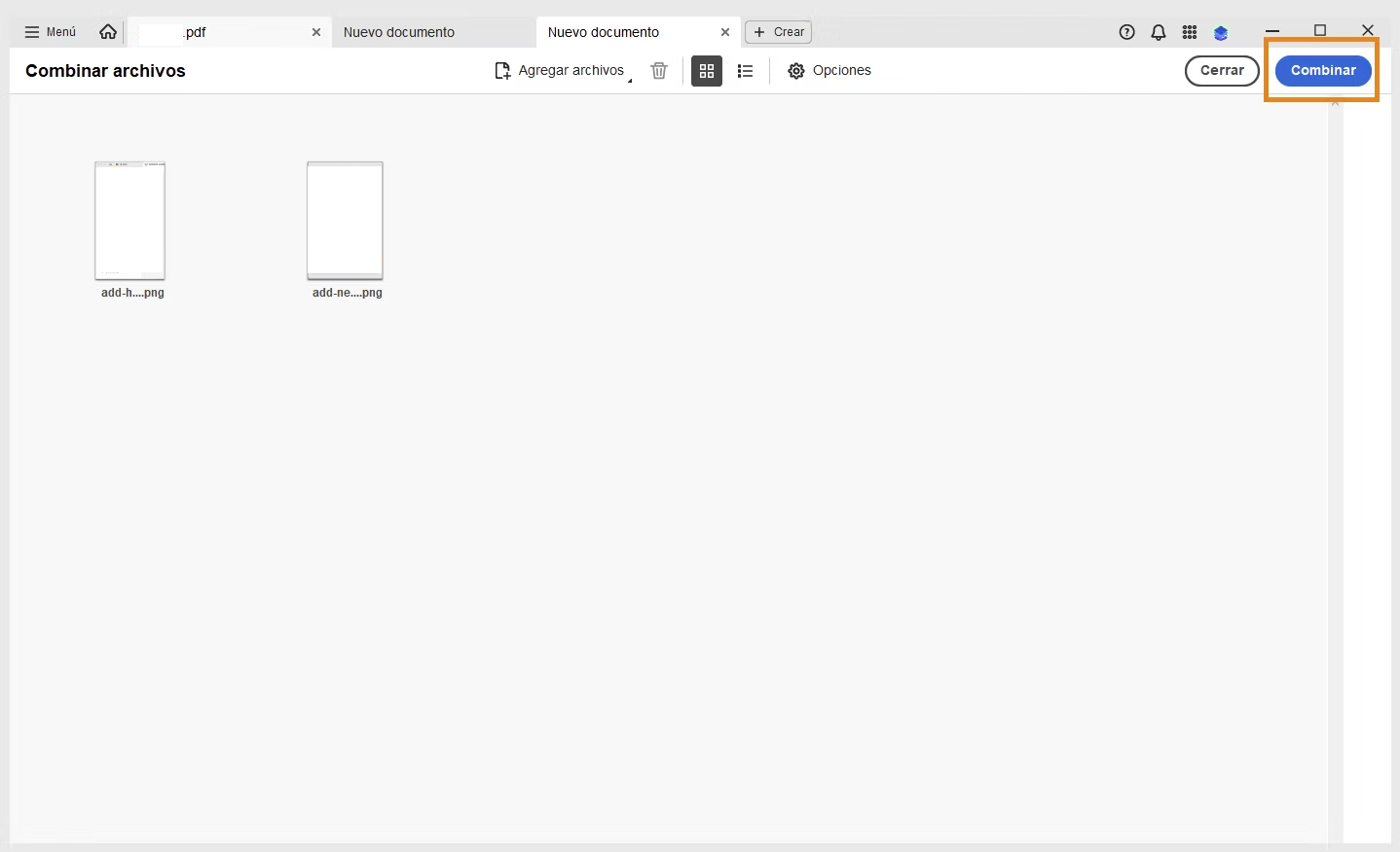 haz clic en combinar para juntar pdfs en adobe acrobat