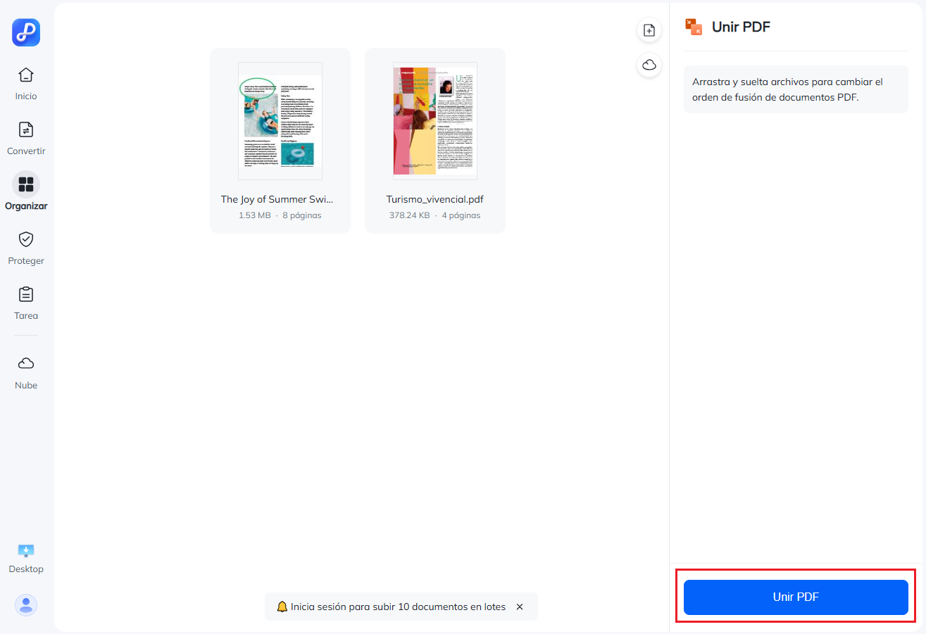 haz clic en unir pdf en pdnob online