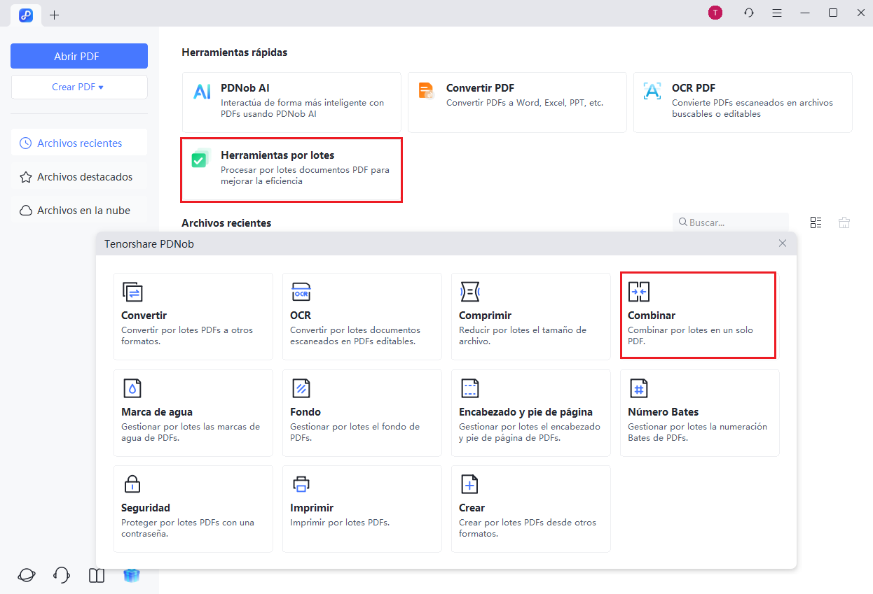haz clic en herramientas de lote para unificar pdfs en pdnob