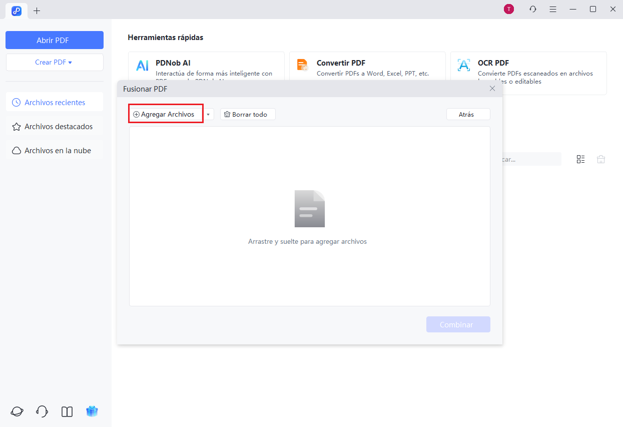 agrega archivos para combinar pdfs en pdnob