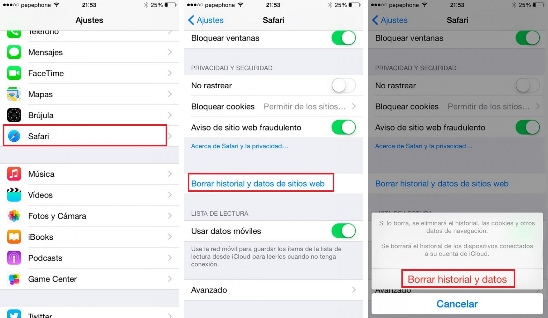 como borrar cookies en safari iphone