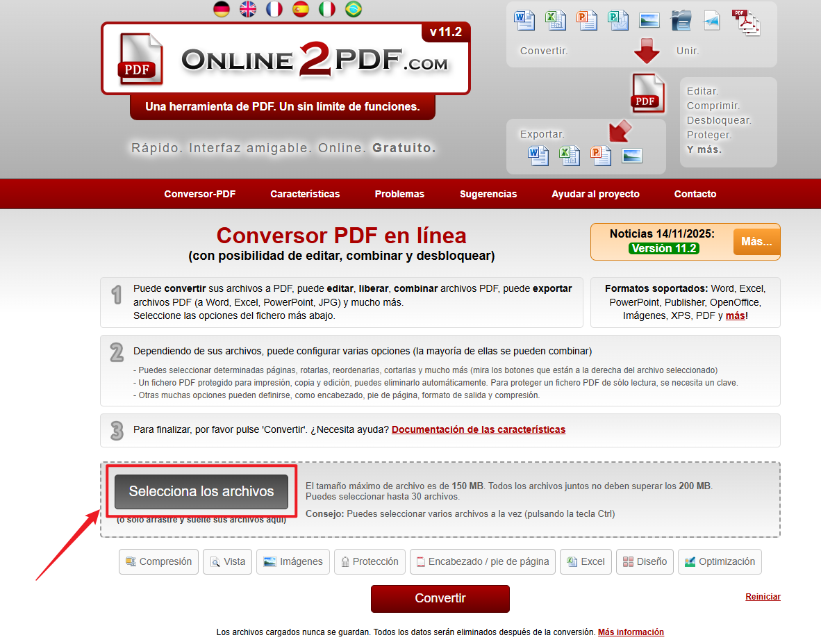 online2pdf convertir pdf paso 1