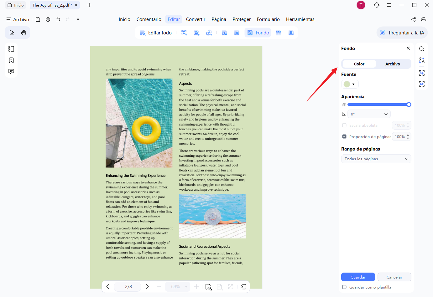 editar configuración de fondo existente