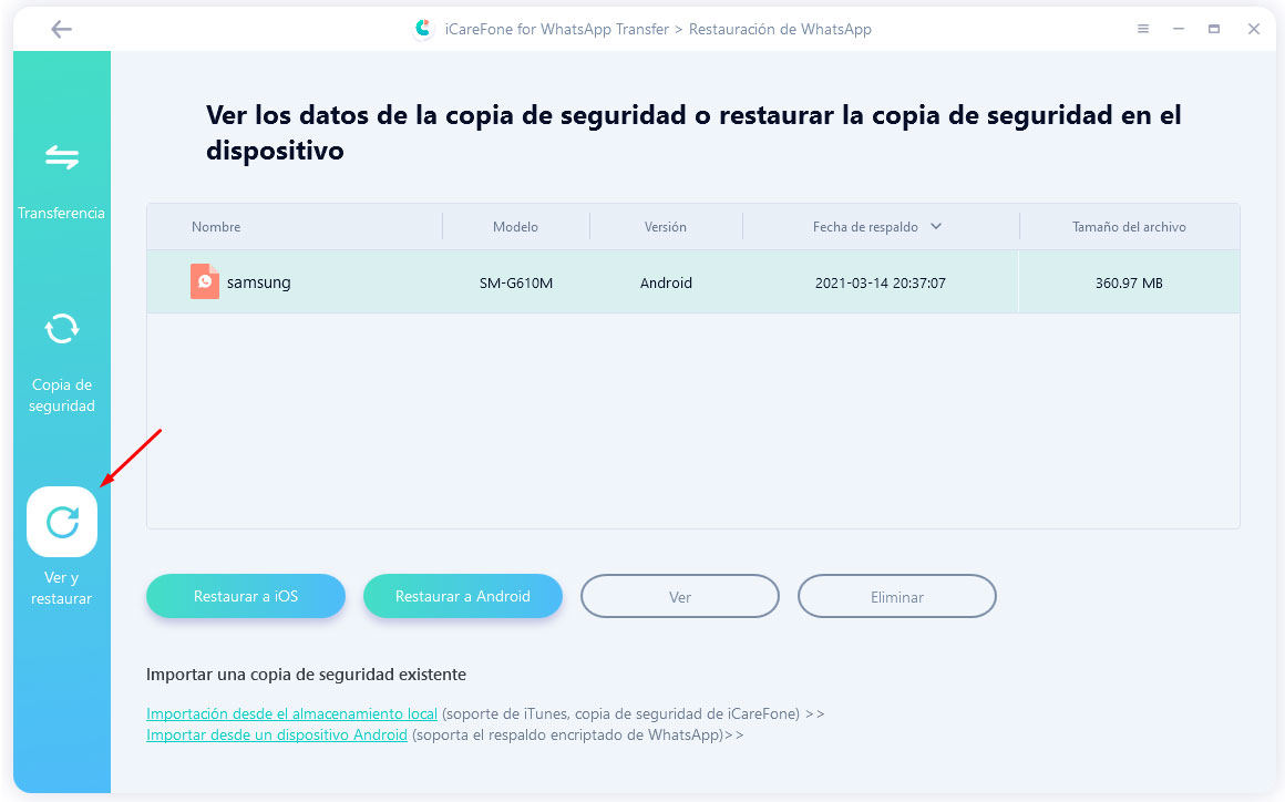 ver y restaurar copia de seguridad