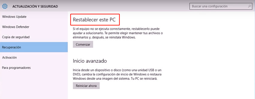 restablecer este pc